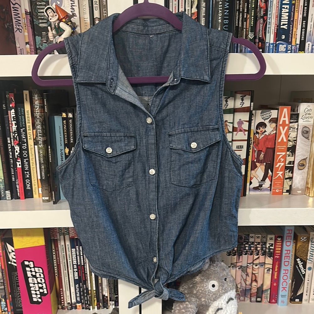 Denim Sleeveless Tie Front Button-Up Top